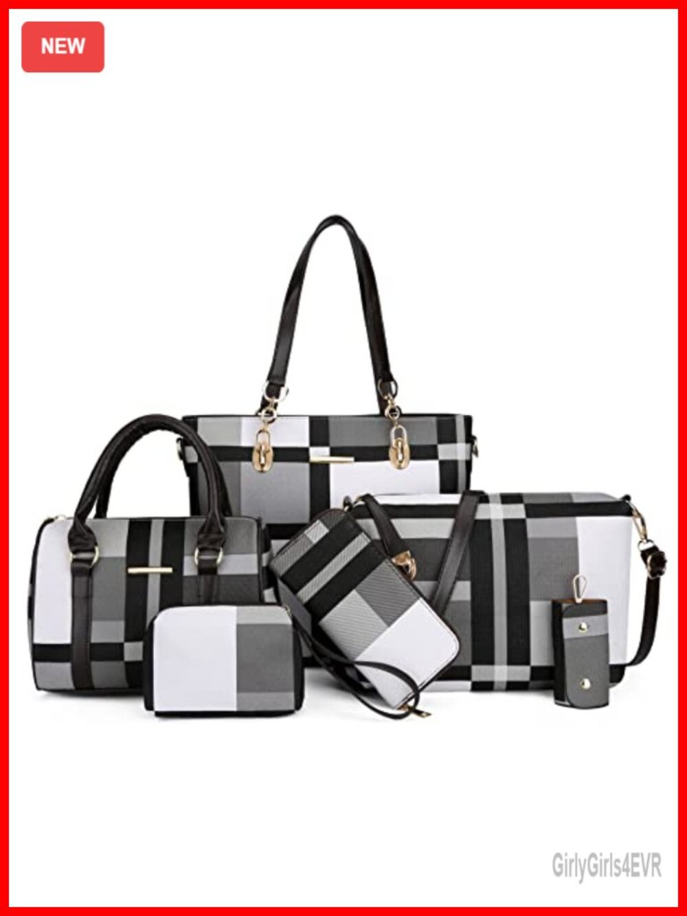 6-Piece Women's Handbag Set Faux Leather Satchel Tote Shoulder Bag Clutch Wallet